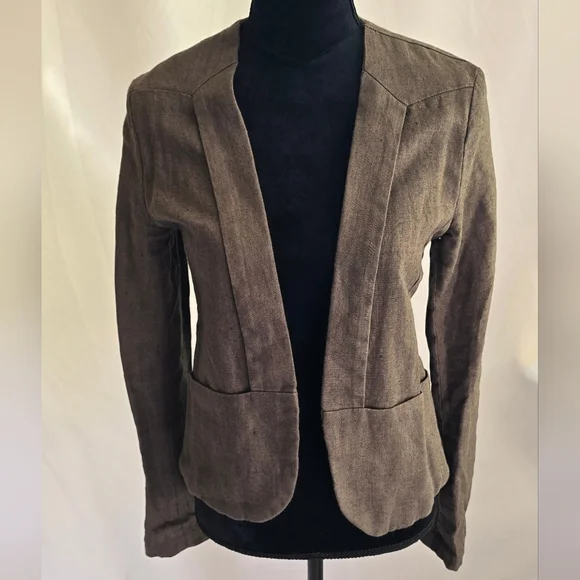 Young Fabulous & Broke women S blazer 100% linen open front pockets olive, lined - Picture 2 of 9